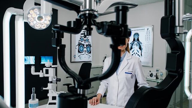 Female optometrist smiles beside slit lamp, female optometrist checks digital screens, and female optometrist prepares patient for sharp sight assessment. Concept clear vision care