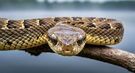 Obraz premium Observing Eye-Level Venom Snake with Swamp Reflection