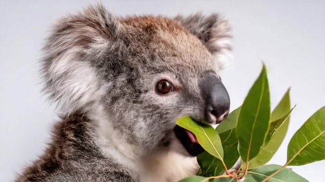 Cute koala eating eucalyptus leaves against a plain white background, close-up view