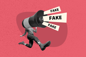 Template poster trend artwork photo collage of woman body megaphone head run proclaim fake news banner disinformation brainwashing control