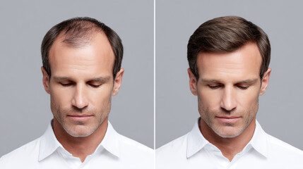 Before and after hair restoration showing man with hair loss and full hair, confident transformation concept