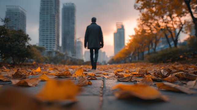 A man walking in a city park during autumn with fallen leaves covering the path. Tall city buildings in the distance.