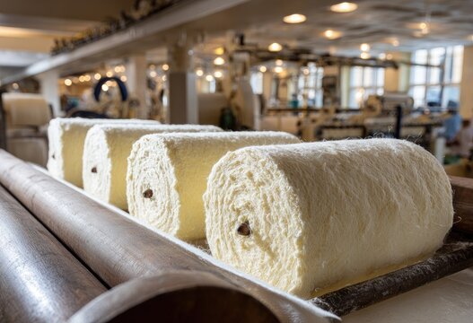 Cream-colored fabric rolls on industrial machinery