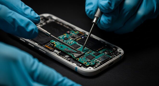 Hands in blue gloves fix a disassembled smartphone using screwdrivers The device sits on a dark surface