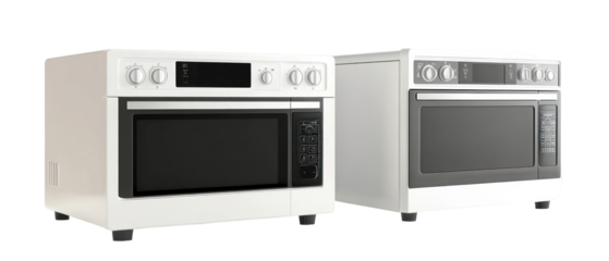 Two White Ovens on Transparent Background Showcasing Modern Kitchen Appliances with Glass Doors and Digital Controls