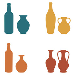 Collection of various colored vases and bottles on white background