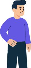 A flat-style illustration of a man with dark hair, wearing a purple shirt and dark pants, standing confidently with one hand on his hip and a slight smile.