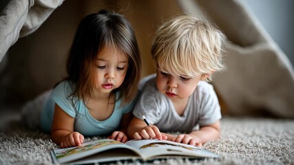 Two young children reading together in a cozy indoor setting during the afternoon, sharing a moment of discovery and imagination - Powered by Adobe