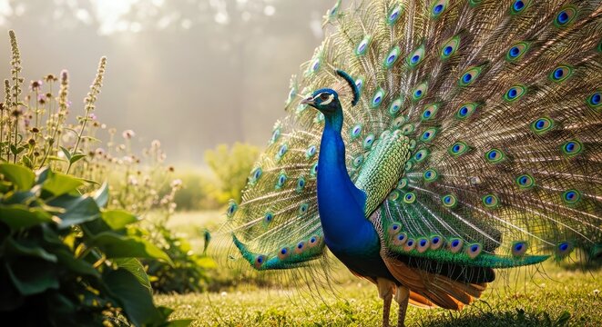 Proud Peacock Wide Shot with Regal Morning Light and Repetitive Patterns