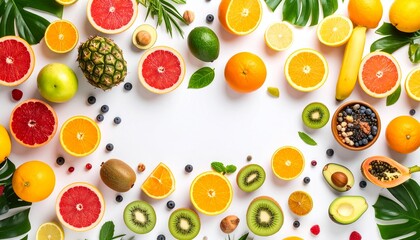 A vibrant overhead view of a diverse assortment of fresh fruits and healthy nuts, artfully arranged on a clean white background