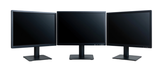 Three Black Computer Monitors Against Transparent Background Displaying Digital Information and Data Visualization