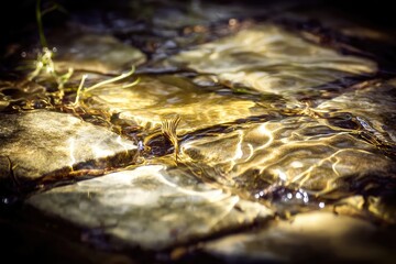 Shallow stream flowing over stones, sunlight reflecting