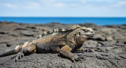 Resilient Marine Iguana Sunning on Black Lava Rock