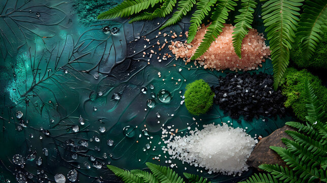Vibrant green ferns and assorted natural salts nestled on a textured, wet, dark teal leaf surface - Powered by Adobe