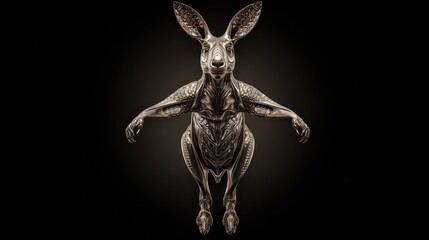 Front-facing image of a stylized kangaroo with metallic textures against a black backdrop