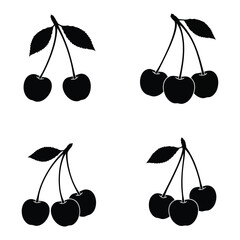 Four black silhouettes of cherries with leaves on white background