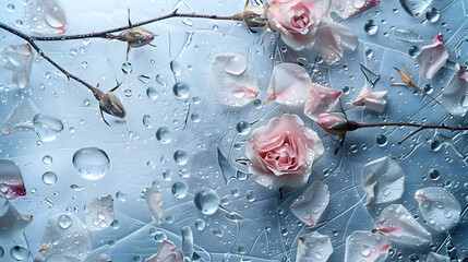 Delicate pink roses and scattered petals glisten with fresh water droplets on a textured blue background, evoking purity and renewal