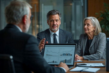 Senior executive partners in a corporate meeting, attentively analyzing financial data and charts on a laptop screen during a strategic planning session.