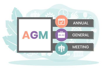 AGM - Annual General Meeting acronym, business concept. word lettering typography design illustration with line icons and ornaments. Internet web site promotion concept vector layout.