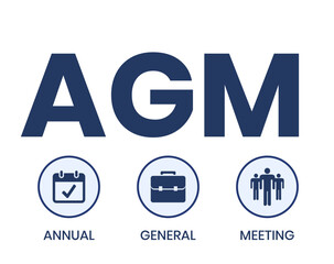 AGM - Annual General Meeting acronym, business concept. word lettering typography design illustration with line icons and ornaments. Internet web site promotion concept vector layout.