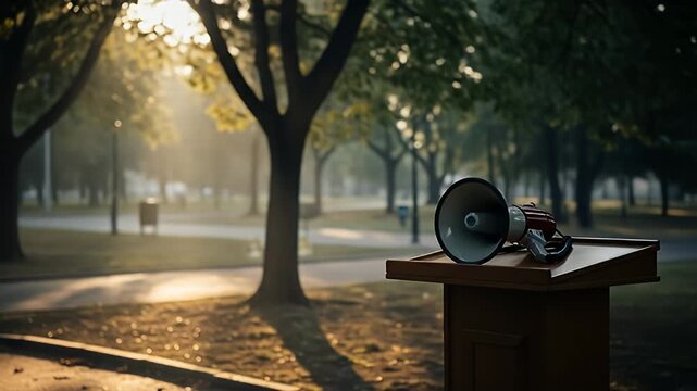 A lectern with a megaphone sits outside on a sunny day in a park-like setting