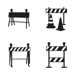 Black and white construction barriers and road block icons