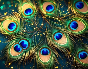Abstract Artistic Peacock Feather Arrangement With Golden Sparkles and Emerald Background