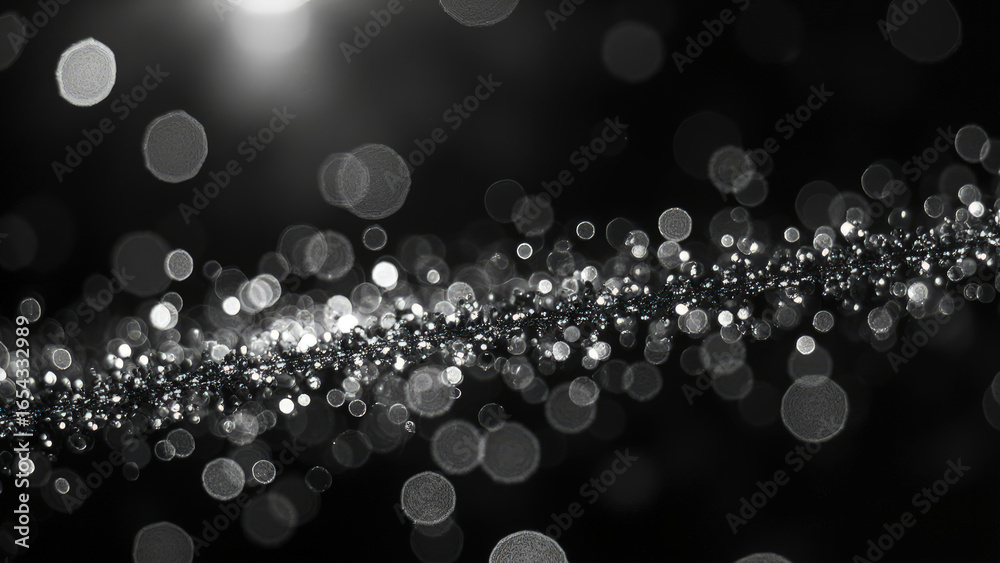 Wall mural abstract black and white with bokeh effect featuring a sparkling silver line of light and floating b