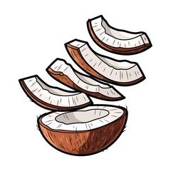 Illustration of a halved coconut with several slices floating above it.