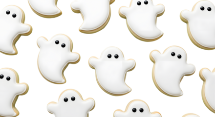 Adorably spooky ghost cookies with smooth white icing and black candy eyes create a festive, fun pattern perfect for Halloween celebrations and treats.