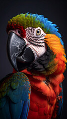 blue and yellow macaw portrait on black background