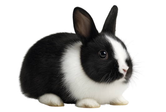 Adorable black and white dutch rabbit sitting pretty isolated on transparent background, showcasing its cute face, fluffy fur, and endearing charm