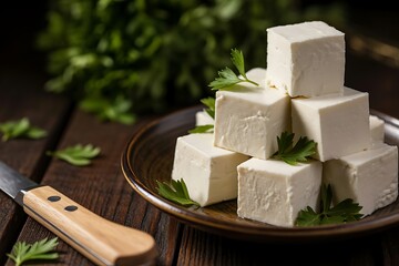 Fresh feta cheese cubes artfully arranged with parsley garnishes on a rustic wooden table