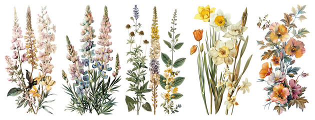 PNG Vintage floral botanical illustration, element set on transparent background