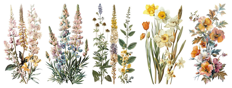 PNG Vintage floral botanical illustration, element set on transparent background