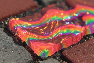 Abstract, vibrant, iridescent block set in brick pavement