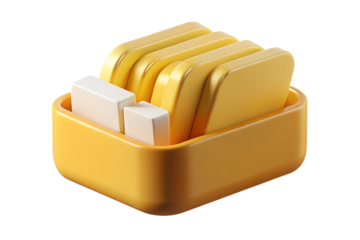 Photo of 3d yellow folder holder with yellow files and white blocks, isolated on transparent background