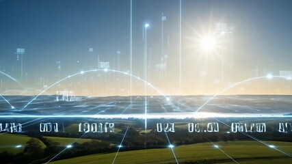 Pastoral landscape overlayed with data streams, connected by arcs to the distant horizon - Powered by Adobe