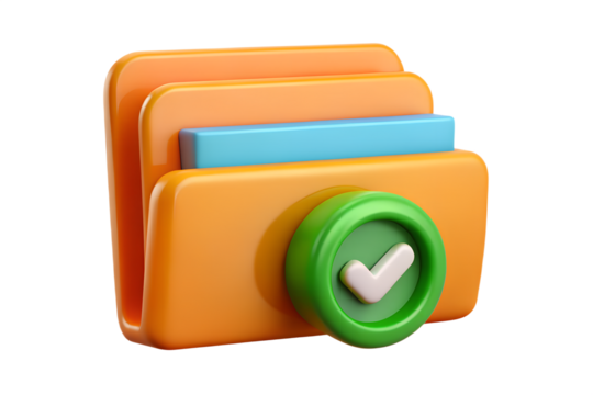 3d illustration of an orange folder with a green checkmark icon isolated on transparent background - Powered by Adobe