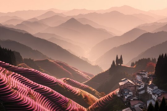 Misty mountain landscape with terraced fields and village - Powered by Adobe