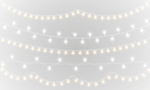 PNG horizontal festive border with light motif and dark stage decoration using gold ribbon and bright colours for winter celebration or vector banner with congratulation message