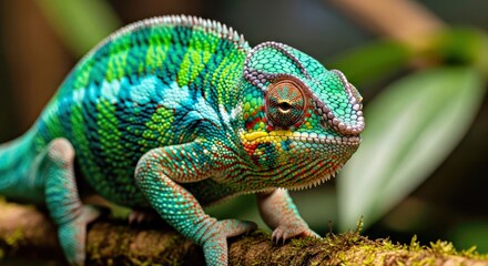 Obraz premium Vibrant Panther Chameleon Portrait in Rainforest with Soft Light