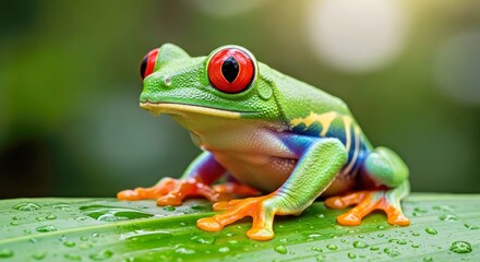 Fototapeta premium Vibrant Red-Eyed Tree Frog Macro Portrait in Tranquil Forest
