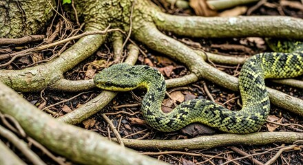 Obraz premium Vigilant Venom Snake Bird's-Eye View in Rainforest Roots