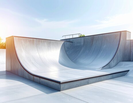 A wide shot of an empty skate park with concrete ramps under sunlight