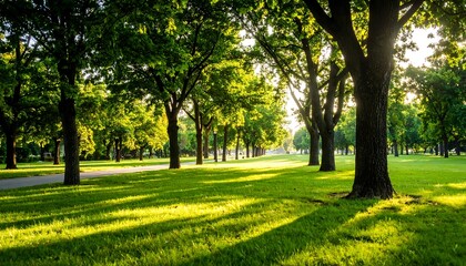 Sunlight filtering through lush trees in a park