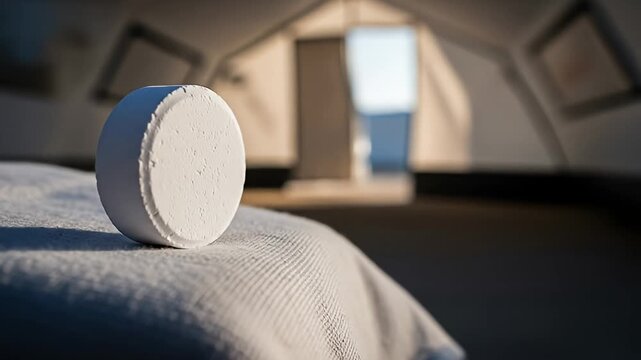White pill on a patterned surface inside a tent-like structure, with light from doorway