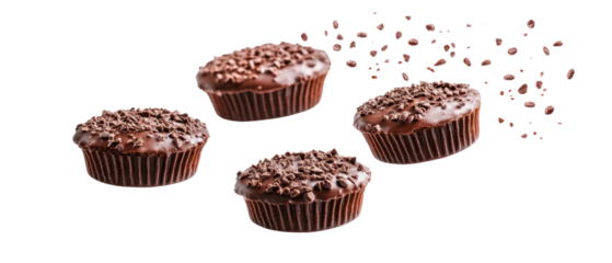 Four Chocolate Muffins with Sprinkles Against Transparent Background