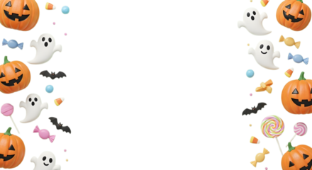 Spooky Halloween icons with pumpkins, ghosts, bats, and candy create a festive and playful atmosphere for seasonal celebrations and decorations