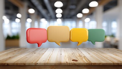Colorful speech bubbles on a wooden table in a modern office